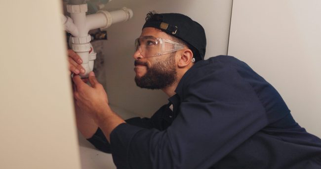 Plumber working on filter system improvement for small business in house