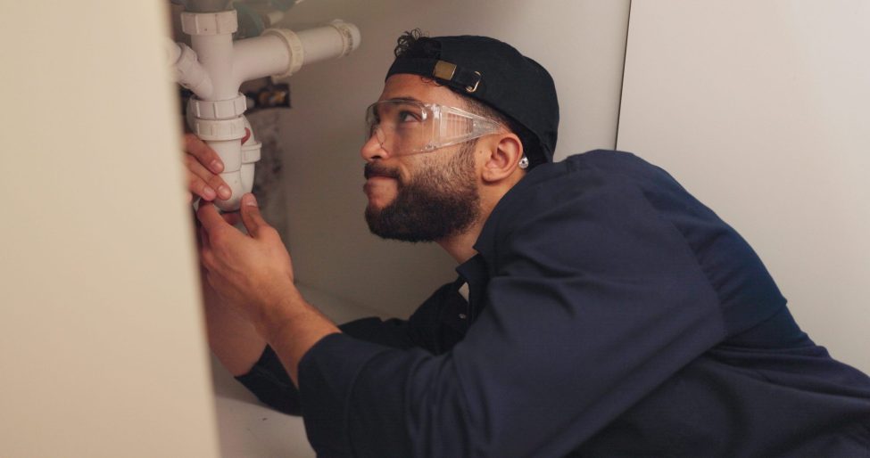 Plumber working on filter system improvement for small business in house